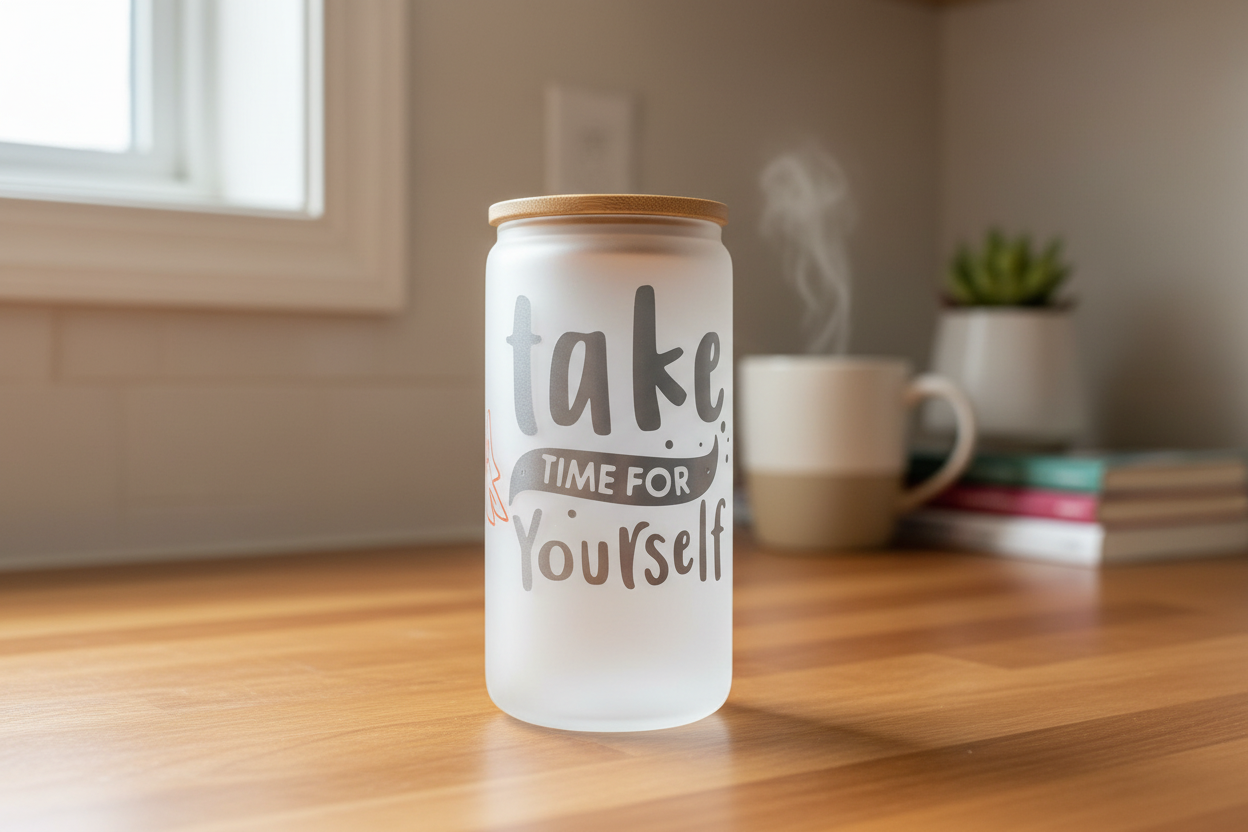 Take Time For Yourself – Handmade Frosted Glass Tumbler with Bamboo Lid The Bargains Basement