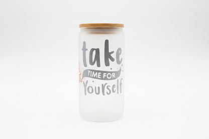 Take Time For Yourself – Handmade Frosted Glass Tumbler with Bamboo Lid The Bargains Basement