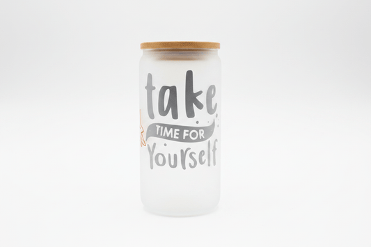Handmade frosted glass tumbler with bamboo lid featuring 'take time for yourself' design.