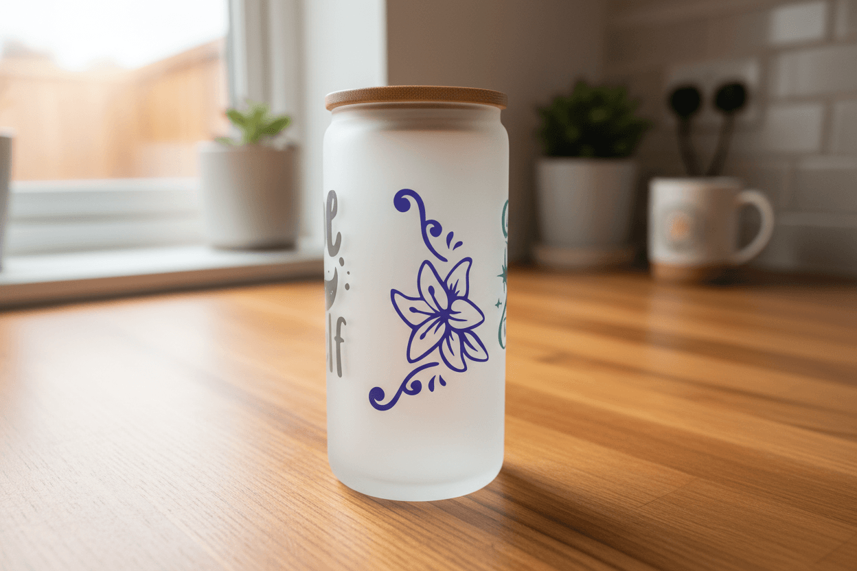 Take Time For Yourself – Handmade Frosted Glass Tumbler with Bamboo Lid - The Bargains BasementTake Time For Yourself – Handmade Frosted Glass Tumbler with Bamboo Lid