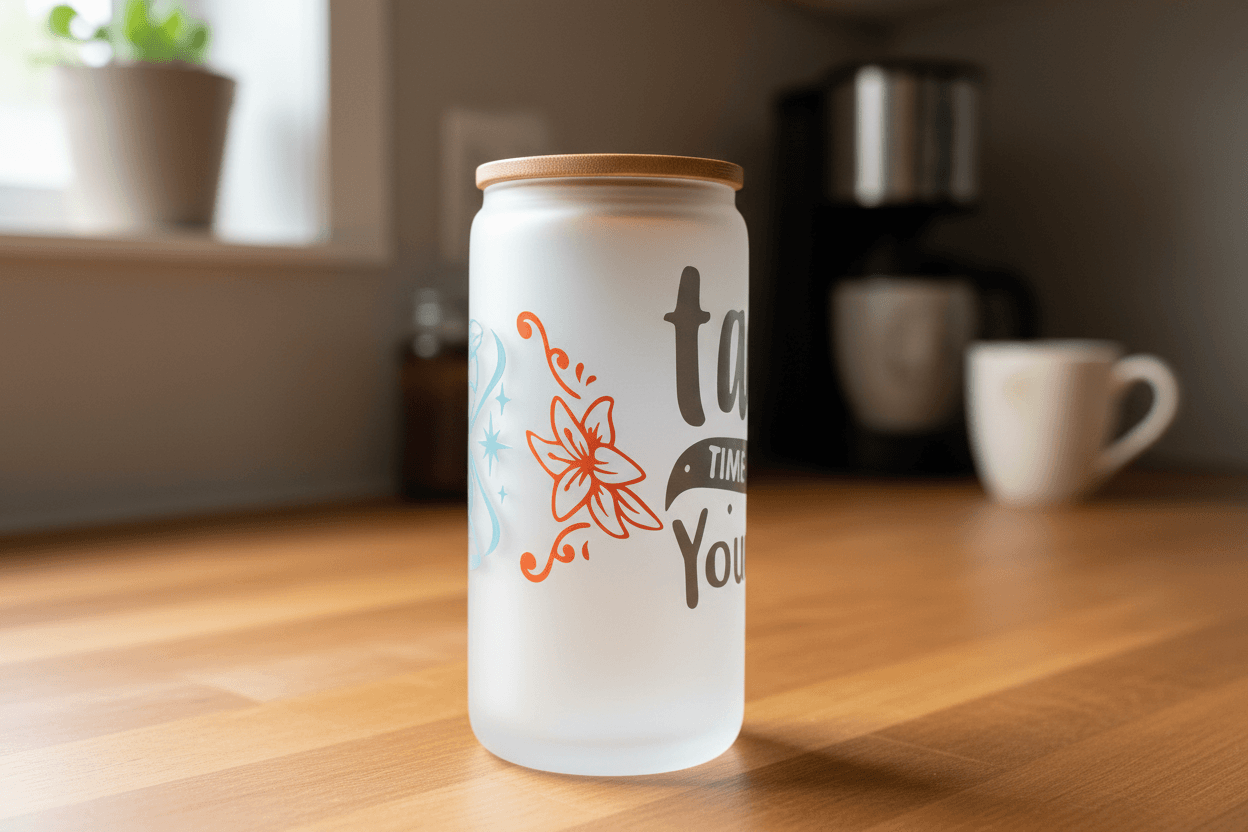 Take Time For Yourself – Handmade Frosted Glass Tumbler with Bamboo Lid - The Bargains BasementTake Time For Yourself – Handmade Frosted Glass Tumbler with Bamboo Lid