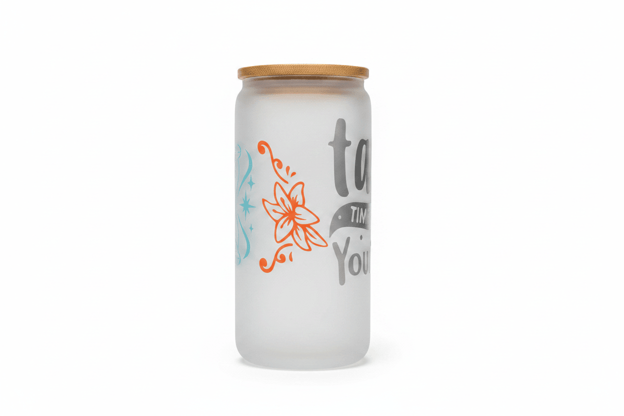 Take Time For Yourself – Handmade Frosted Glass Tumbler with Bamboo Lid - The Bargains BasementTake Time For Yourself – Handmade Frosted Glass Tumbler with Bamboo Lid