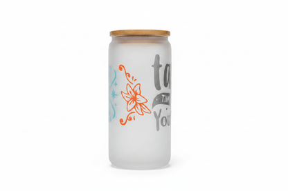 Take Time For Yourself – Handmade Frosted Glass Tumbler with Bamboo Lid - The Bargains BasementTake Time For Yourself – Handmade Frosted Glass Tumbler with Bamboo Lid