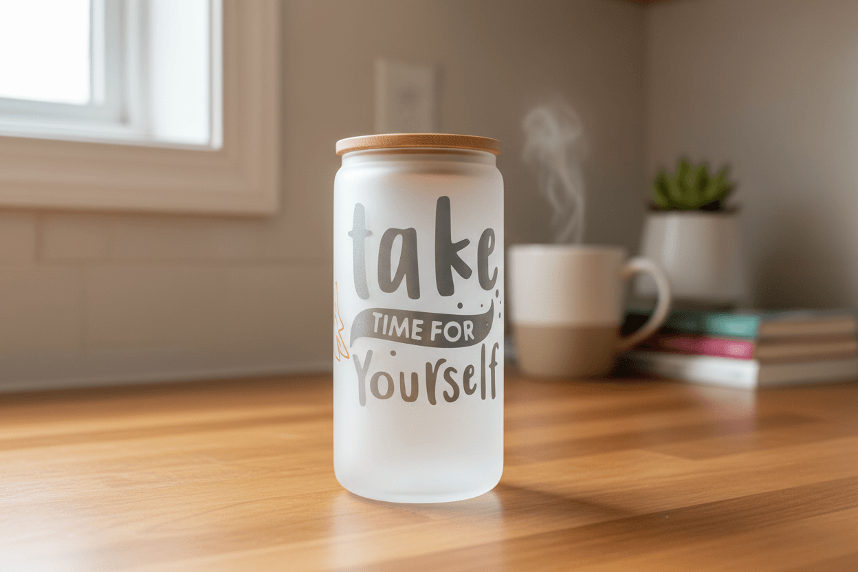 Take Time For Yourself – Handmade Frosted Glass Tumbler with Bamboo Lid - The Bargains BasementTake Time For Yourself – Handmade Frosted Glass Tumbler with Bamboo Lid