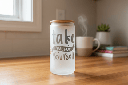 Take Time For Yourself – Handmade Frosted Glass Tumbler with Bamboo Lid - The Bargains BasementTake Time For Yourself – Handmade Frosted Glass Tumbler with Bamboo Lid