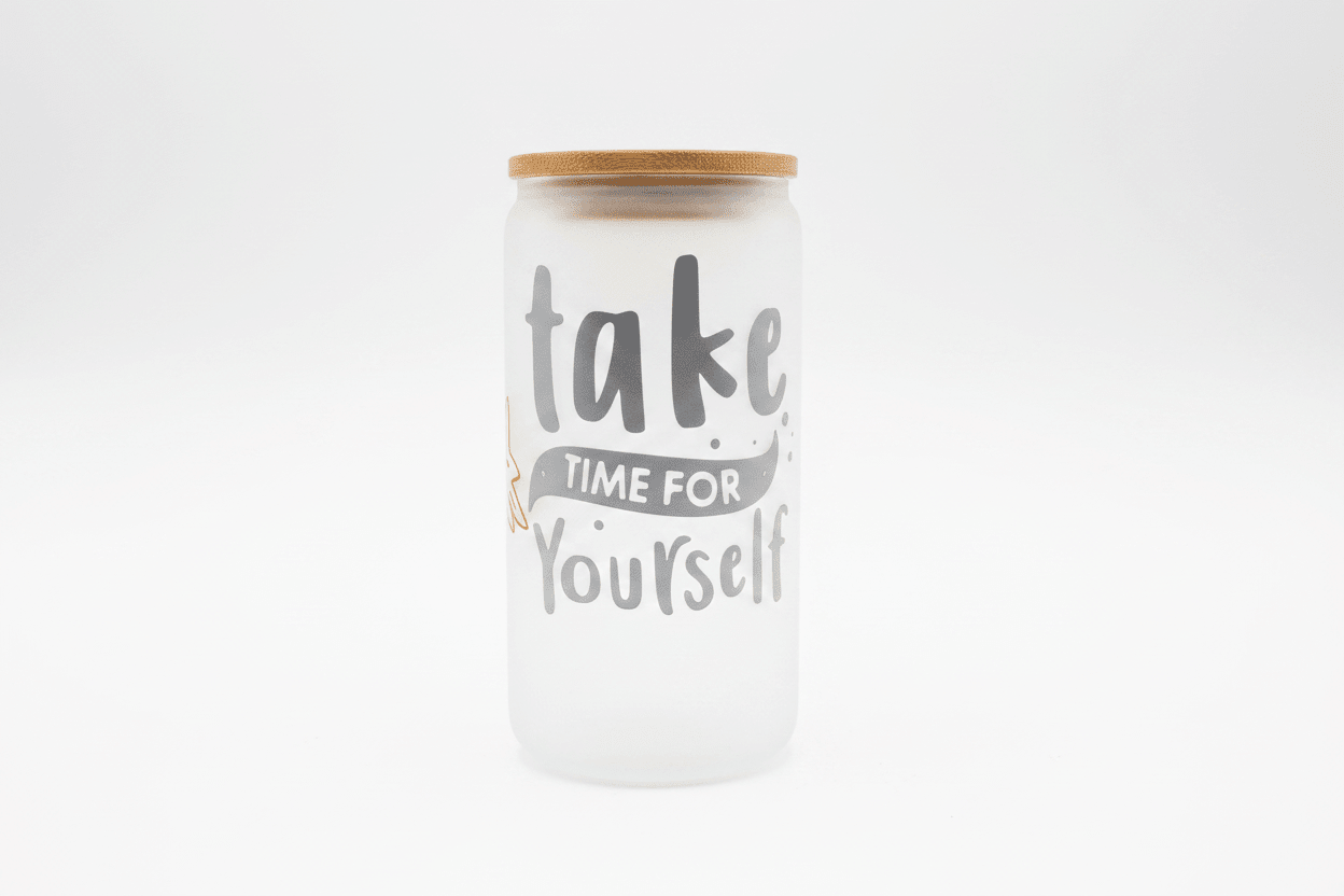 Take Time For Yourself – Handmade Frosted Glass Tumbler with Bamboo Lid - The Bargains BasementTake Time For Yourself – Handmade Frosted Glass Tumbler with Bamboo Lid