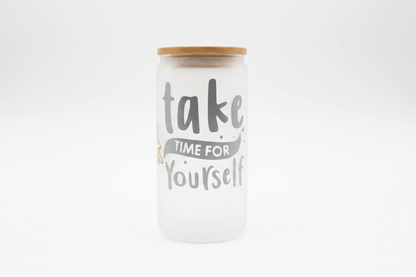 Take Time For Yourself – Handmade Frosted Glass Tumbler with Bamboo Lid - The Bargains BasementTake Time For Yourself – Handmade Frosted Glass Tumbler with Bamboo Lid
