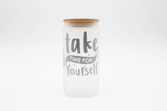Take Time For Yourself – Handmade Frosted Glass Tumbler with Bamboo Lid - The Bargains BasementTake Time For Yourself – Handmade Frosted Glass Tumbler with Bamboo Lid