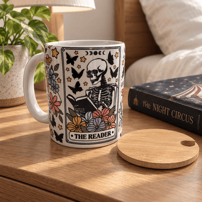 The Reader Skeleton Floral Ceramic Mug with Bamboo Lid and Spoon - The Bargains BasementThe Reader Skeleton Floral Ceramic Mug with Bamboo Lid and Spoon