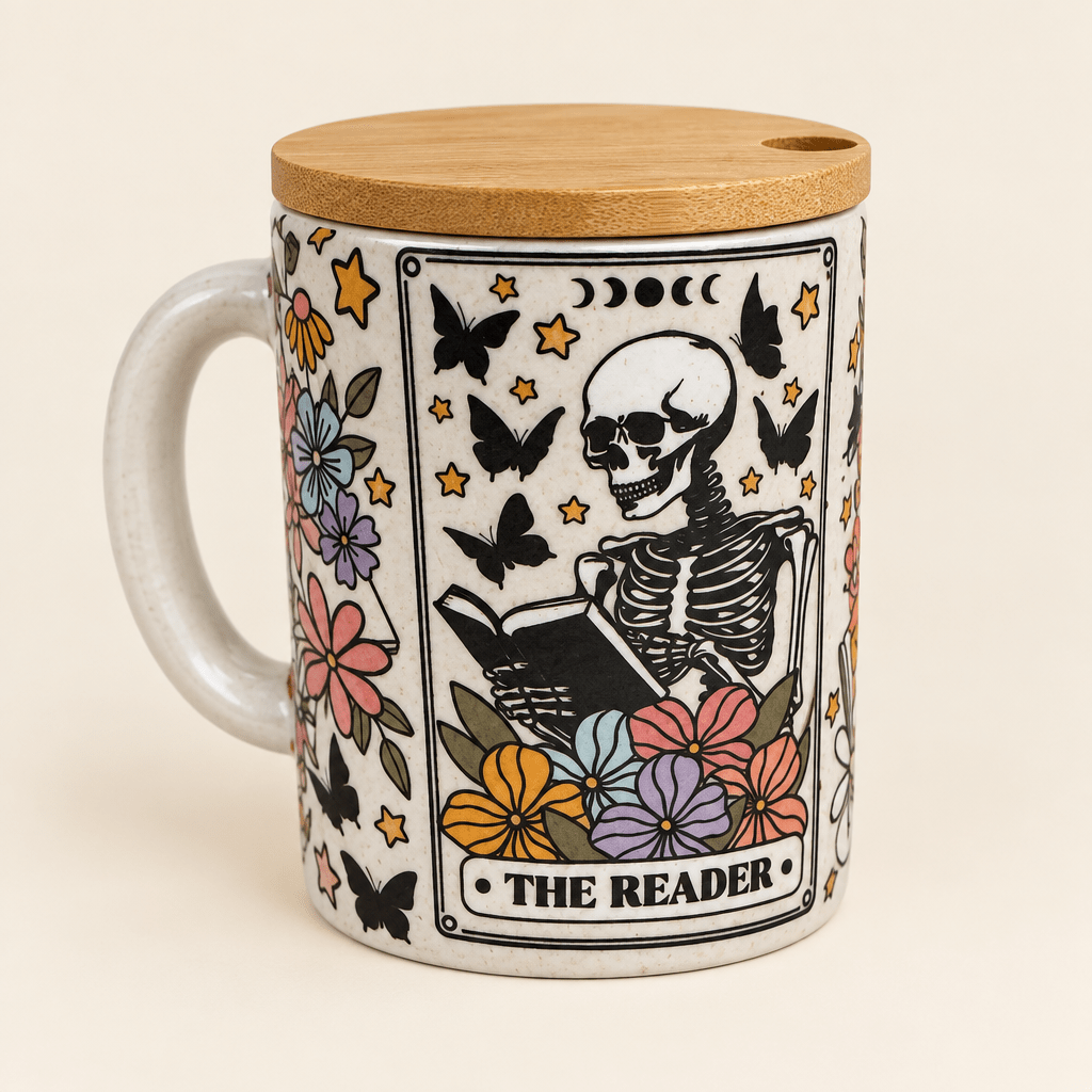 The Reader Skeleton Floral Ceramic Mug with Bamboo Lid and Spoon - The Bargains BasementThe Reader Skeleton Floral Ceramic Mug with Bamboo Lid and Spoon