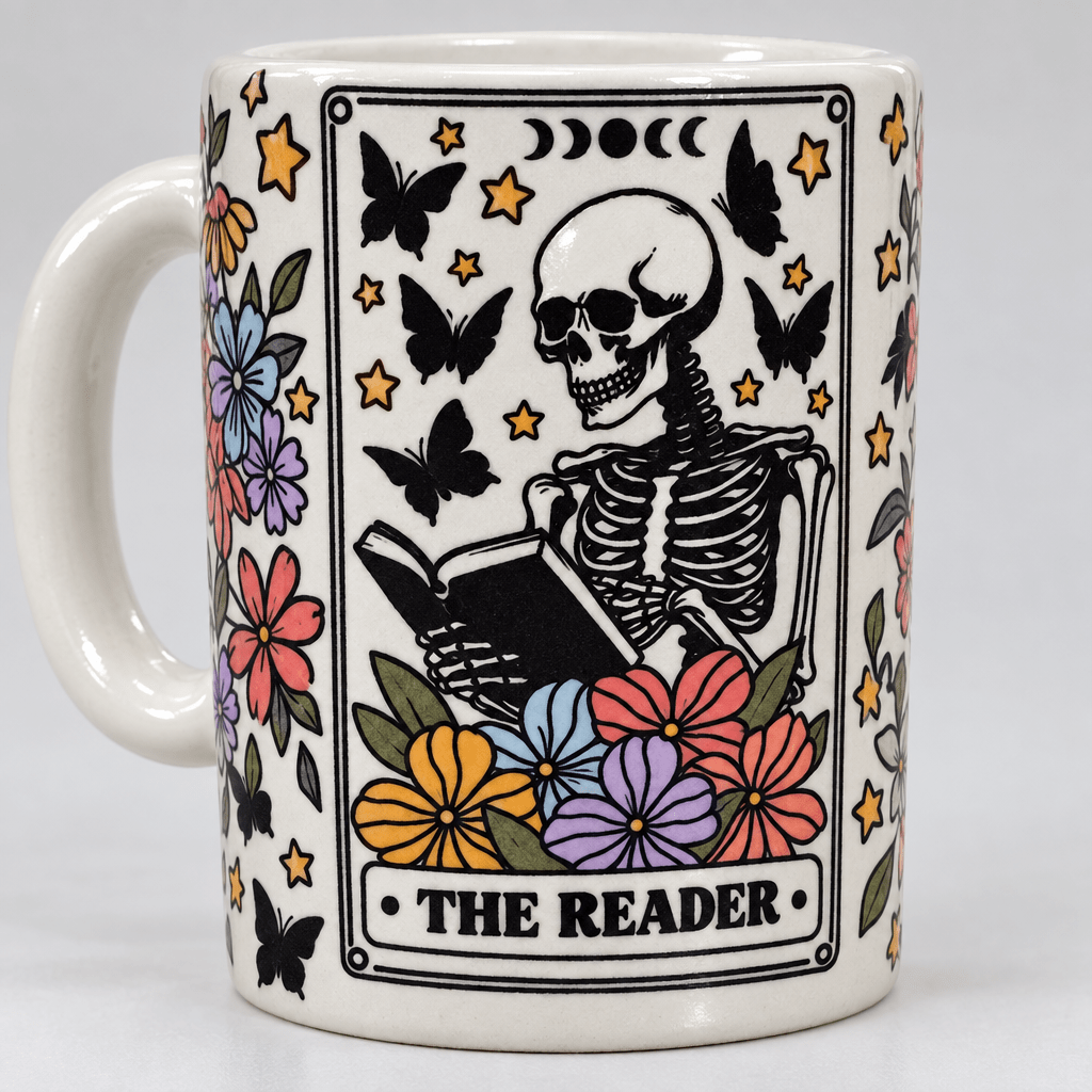 The Reader Skeleton Floral Ceramic Mug with Bamboo Lid and Spoon - The Bargains BasementThe Reader Skeleton Floral Ceramic Mug with Bamboo Lid and Spoon