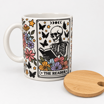 The Reader Skeleton Floral Ceramic Mug with Bamboo Lid and Spoon - The Bargains BasementThe Reader Skeleton Floral Ceramic Mug with Bamboo Lid and Spoon