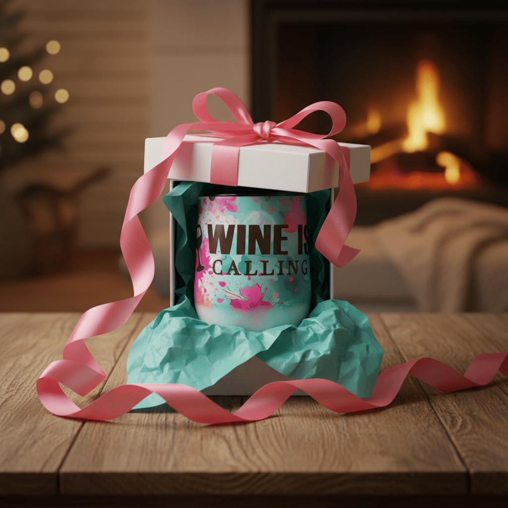 Handmade stainless steel wine tumbler in a gift box with a pink ribbon and teal tissue paper.