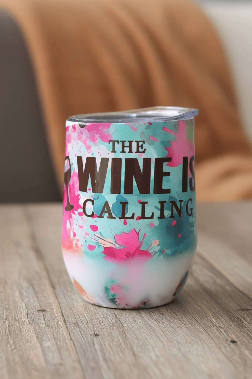 Handmade stainless steel wine tumbler featuring floral design and bold saying 'The Wine Is Calling'.