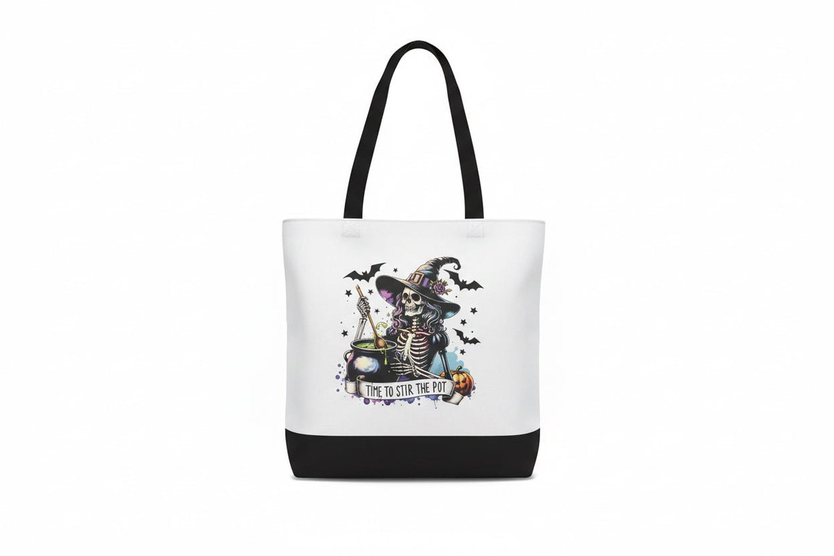 Time to Stir the Pot | Skeleton Witch Canvas Tote Bag | Handmade Halloween Gift - The Bargains BasementTime to Stir the Pot | Skeleton Witch Canvas Tote Bag | Handmade Halloween Gift
