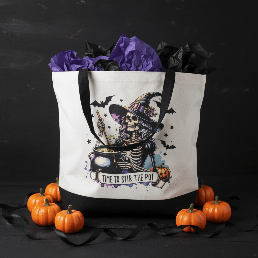 Time to Stir the Pot | Skeleton Witch Canvas Tote Bag | Handmade Halloween Gift - The Bargains BasementTime to Stir the Pot | Skeleton Witch Canvas Tote Bag | Handmade Halloween Gift