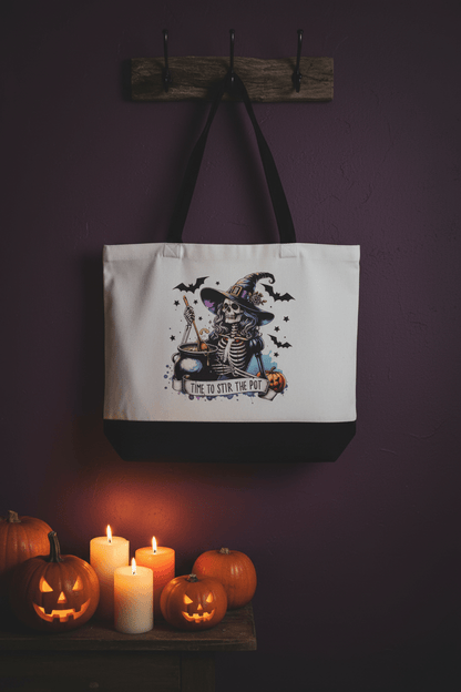 Time to Stir the Pot | Skeleton Witch Canvas Tote Bag | Handmade Halloween Gift - The Bargains BasementTime to Stir the Pot | Skeleton Witch Canvas Tote Bag | Handmade Halloween Gift