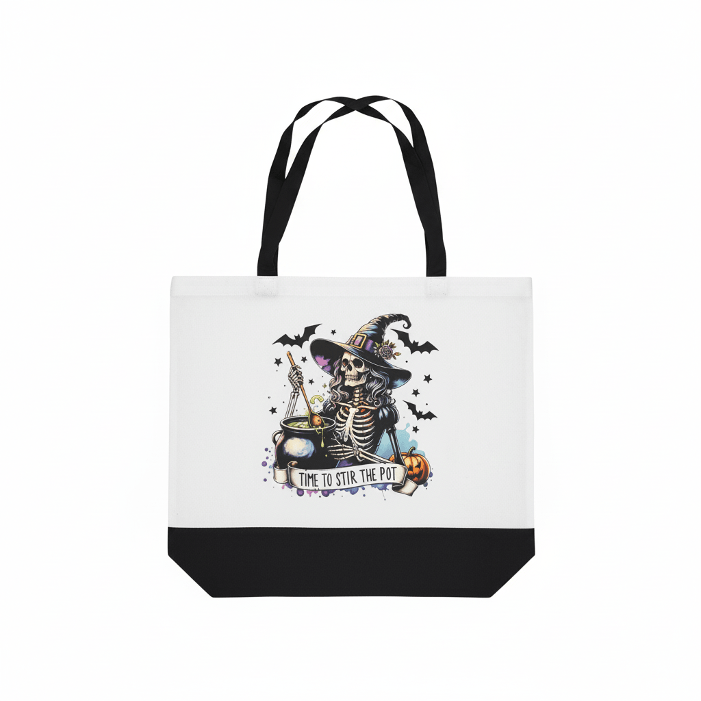 Time to Stir the Pot | Skeleton Witch Canvas Tote Bag | Handmade Halloween Gift - The Bargains BasementTime to Stir the Pot | Skeleton Witch Canvas Tote Bag | Handmade Halloween Gift