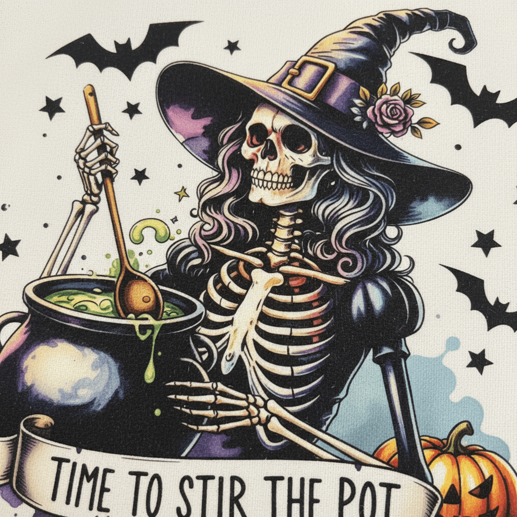 Time to Stir the Pot | Skeleton Witch Canvas Tote Bag | Handmade Halloween Gift - The Bargains BasementTime to Stir the Pot | Skeleton Witch Canvas Tote Bag | Handmade Halloween Gift