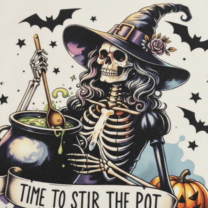 Time to Stir the Pot | Skeleton Witch Canvas Tote Bag | Handmade Halloween Gift - The Bargains BasementTime to Stir the Pot | Skeleton Witch Canvas Tote Bag | Handmade Halloween Gift