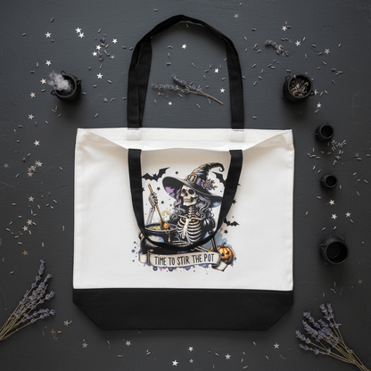 Time to Stir the Pot | Skeleton Witch Canvas Tote Bag | Handmade Halloween Gift - The Bargains BasementTime to Stir the Pot | Skeleton Witch Canvas Tote Bag | Handmade Halloween Gift