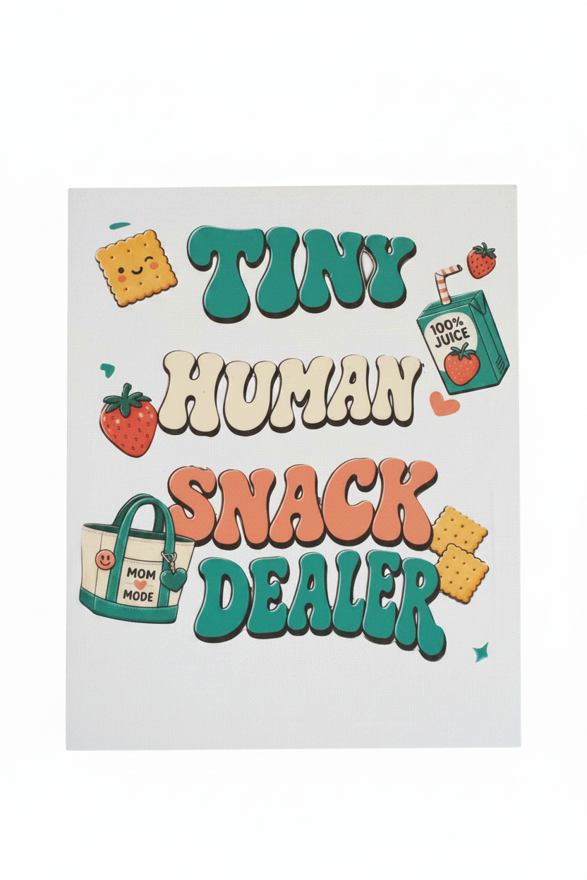 Tiny Human Snack Dealer 8x10 sign featuring colorful retro lettering and cute snack illustrations.