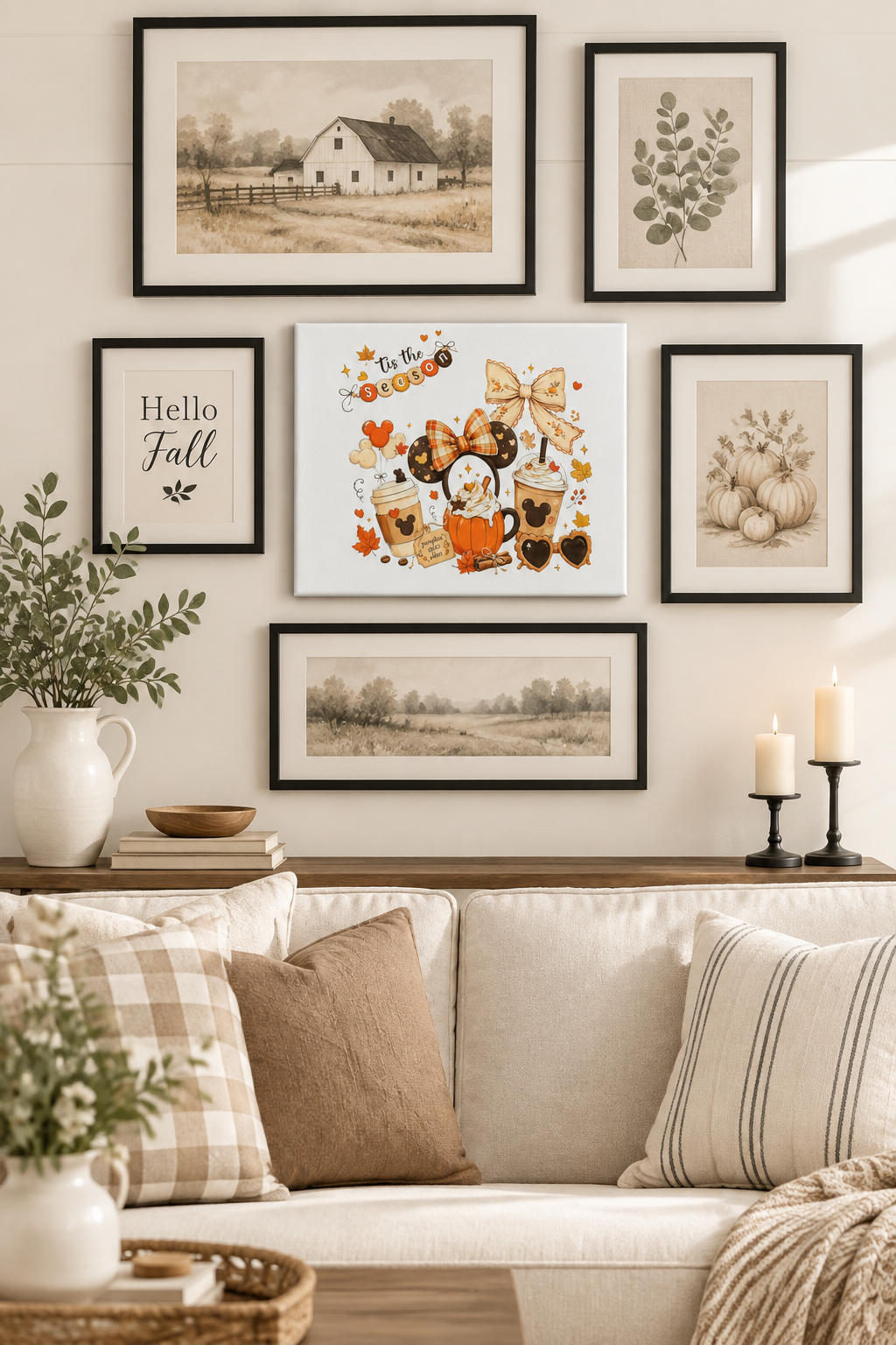 Tis the Season canvas sign styled on a gallery wall in a bright living room