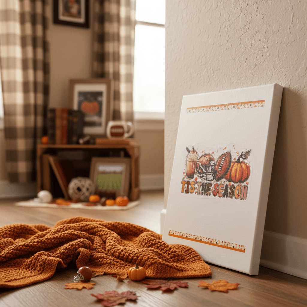 Handmade fall football canvas sign featuring pumpkin spice latte, football helmet, pumpkin, and autumn leaves in cozy setting.
