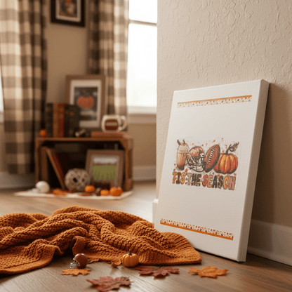 Handmade fall football canvas sign featuring pumpkin spice latte, football helmet, pumpkin, and autumn leaves in cozy setting.