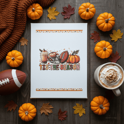 Handmade fall football canvas sign featuring Tis The Season, pumpkin spice latte, football helmet, pumpkins, and autumn leaves.