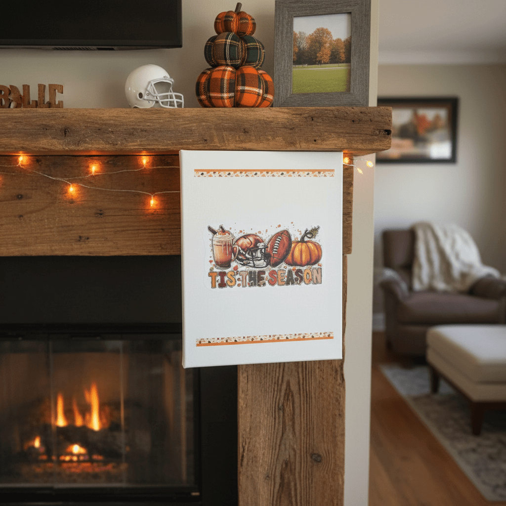 Handmade fall football canvas sign featuring pumpkin spice latte, football, and pumpkins on a cozy mantel.