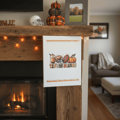 Handmade fall football canvas sign featuring pumpkin spice latte, football, and pumpkins on a cozy mantel.