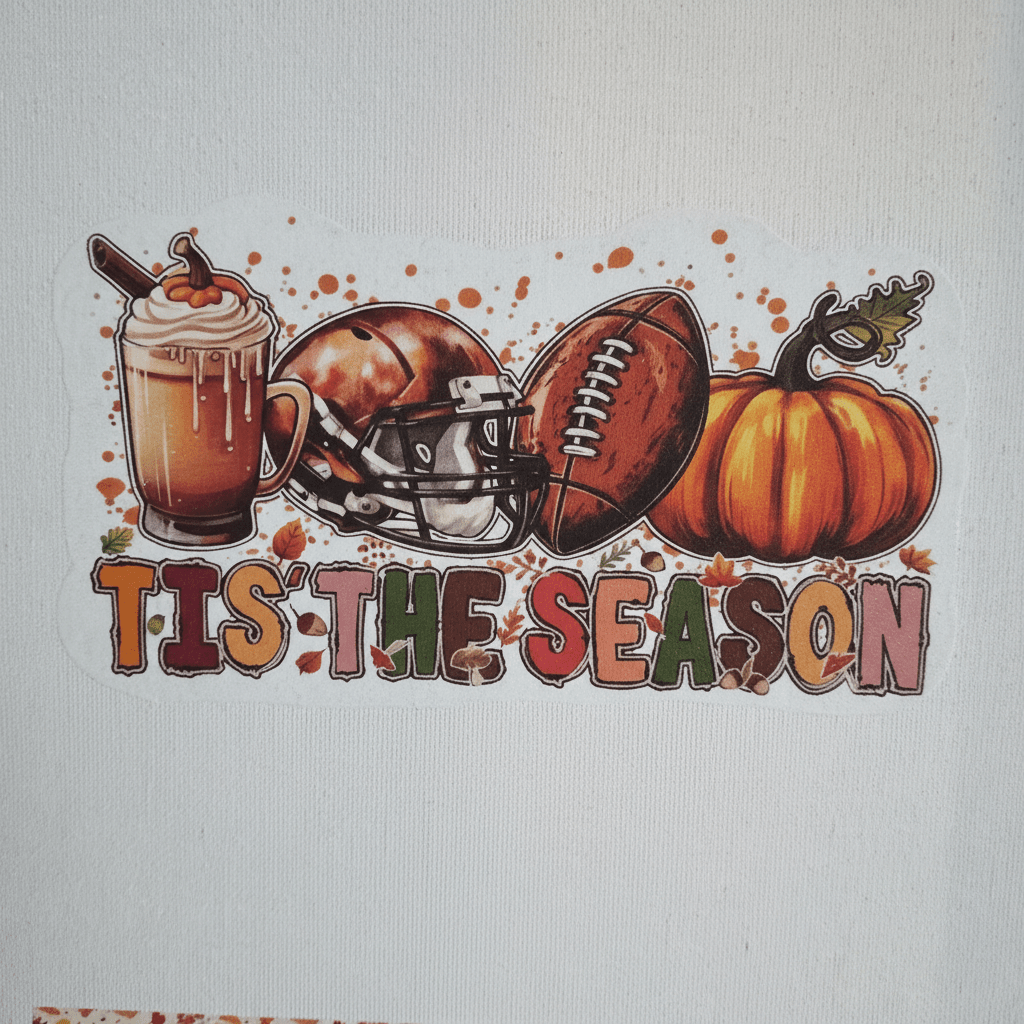 Tis The Season handmade fall football canvas sign featuring pumpkin spice latte, football helmet, football, and pumpkin.