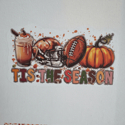 Tis The Season handmade fall football canvas sign featuring pumpkin spice latte, football helmet, football, and pumpkin.