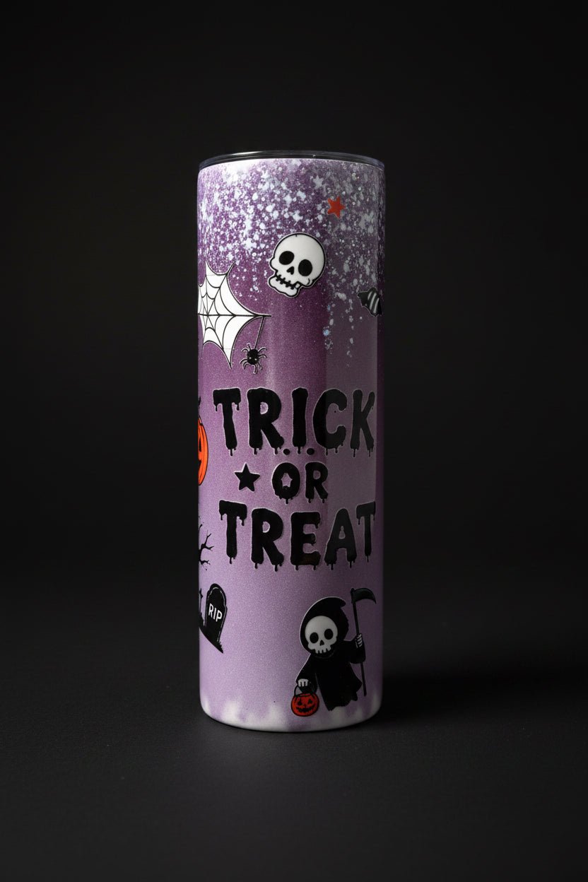 Trick or Treat Halloween Glitter Tumbler – Handmade - The Bargains BasementTrick or Treat Halloween Glitter Tumbler – Handmade