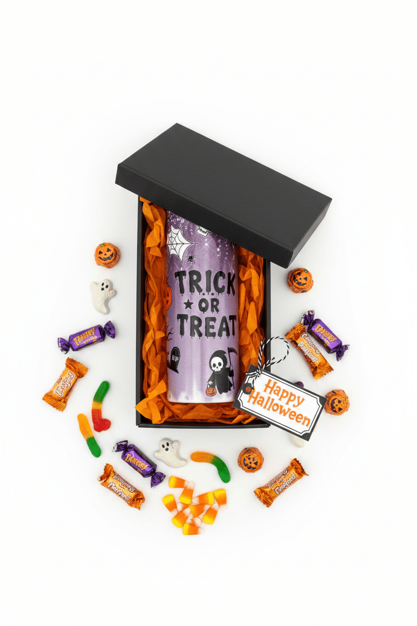Trick or Treat Halloween Glitter Tumbler – Handmade - The Bargains BasementTrick or Treat Halloween Glitter Tumbler – Handmade