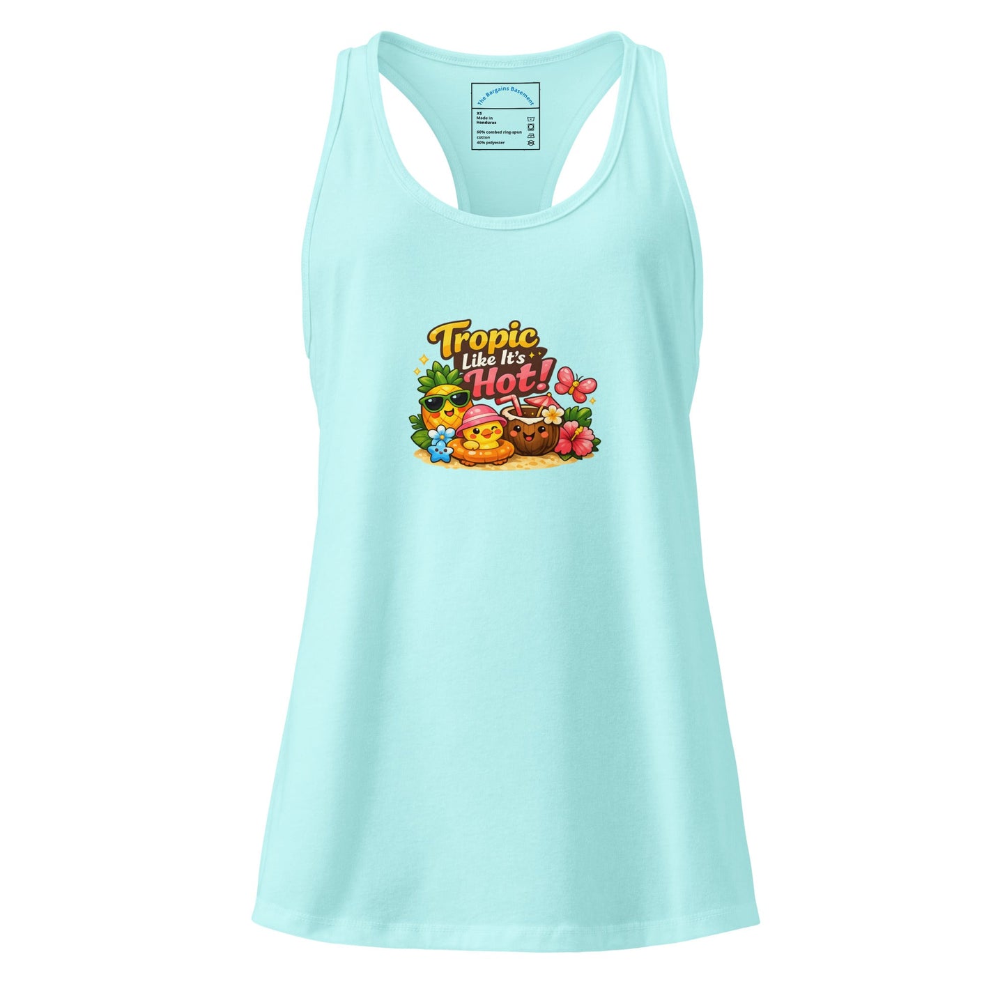 Light blue women's racerback tank top featuring a colorful cartoon design saying 'Tropic like it's Hot!'. Perfect for gym or casual wear.