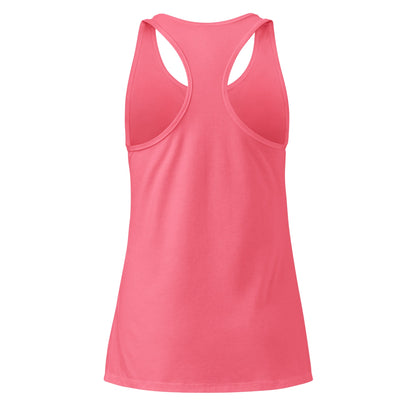 Back view of a pink women's racerback tank top, showcasing a sleek and seamless design for workouts and casual wear.
