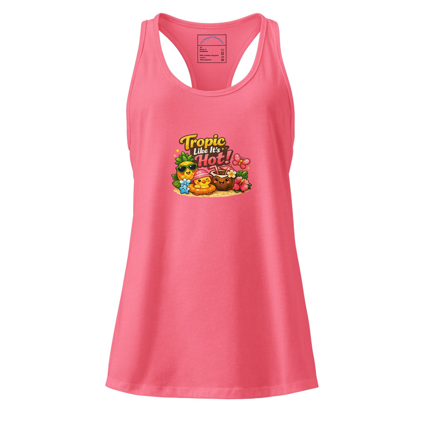 Tropic like its hot racerback tank top for women, bright pink with playful graphic design, ideal for gym and casual wear.