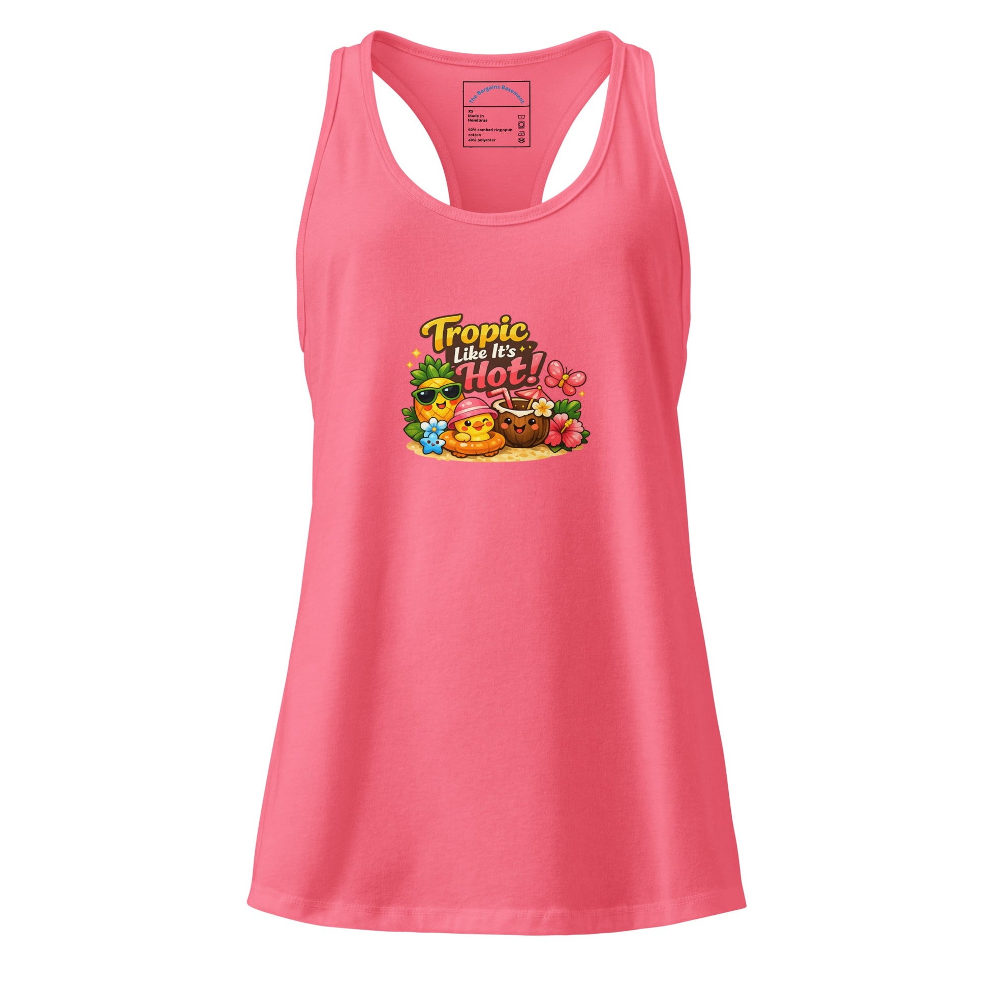 Tropic like its hot racerback tank top for women, bright pink with playful graphic design, ideal for gym and casual wear.