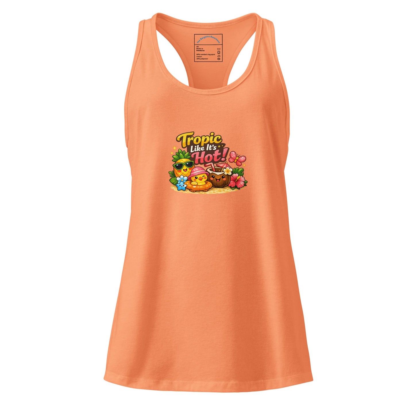 Tropic like its hot women's racerback tank top in vibrant orange, featuring a fun tropical graphic design.