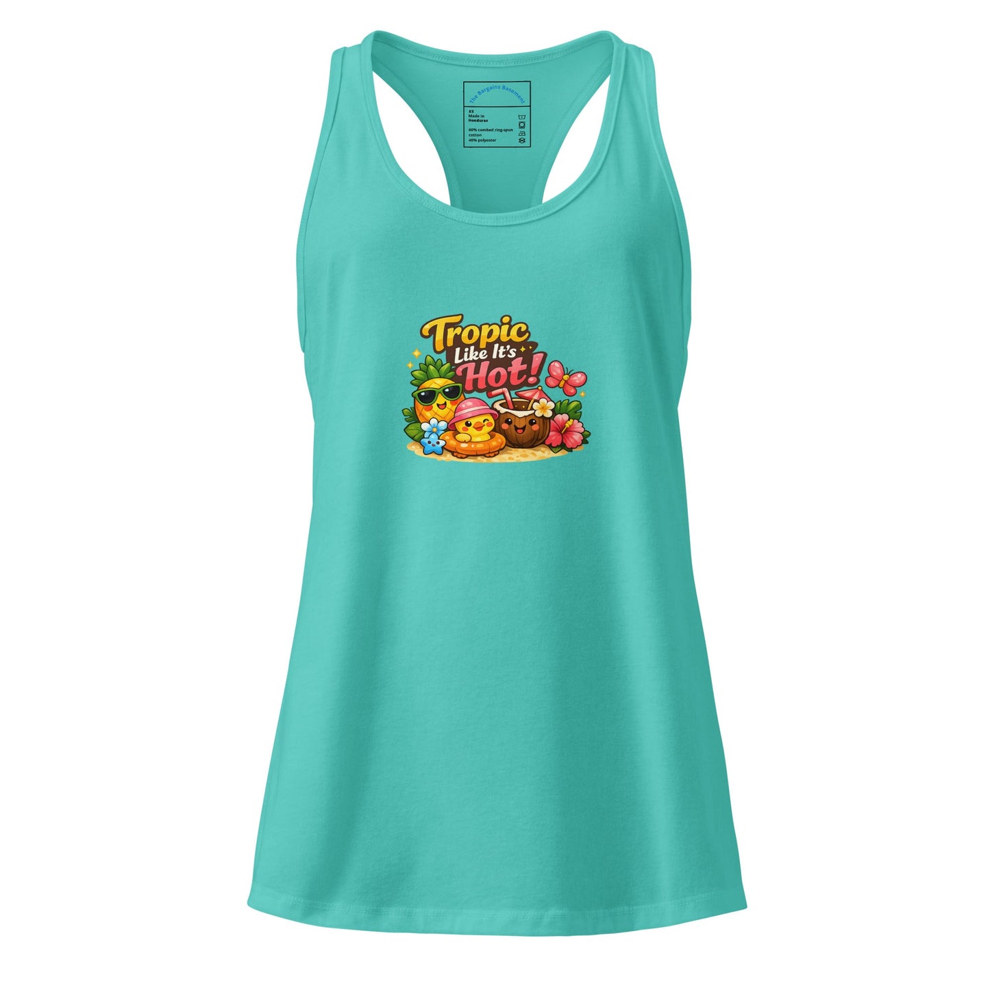 Women's racerback tank top in teal with colorful 'Tropic like it's Hot!' graphic design.