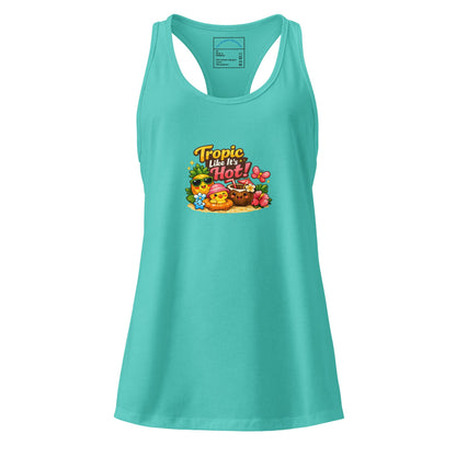 Women's racerback tank top in teal with colorful 'Tropic like it's Hot!' graphic design.