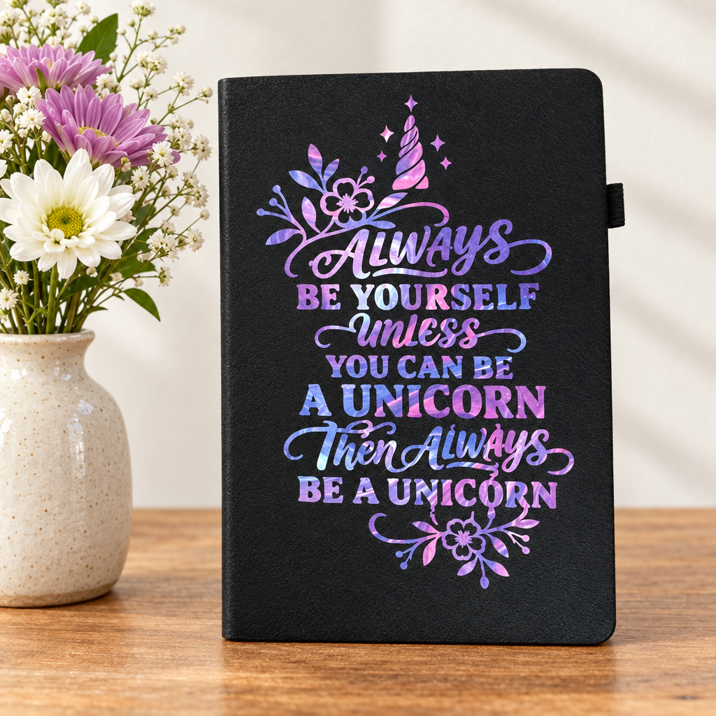 Unicorn journal beside flowers