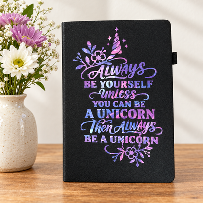 Unicorn journal beside flowers