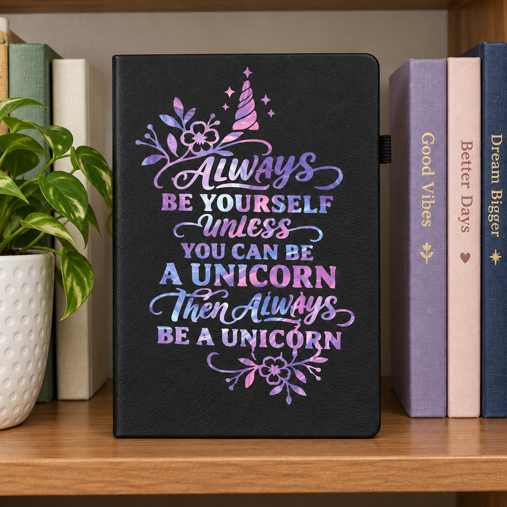 Unicorn journal on a bookshelf
