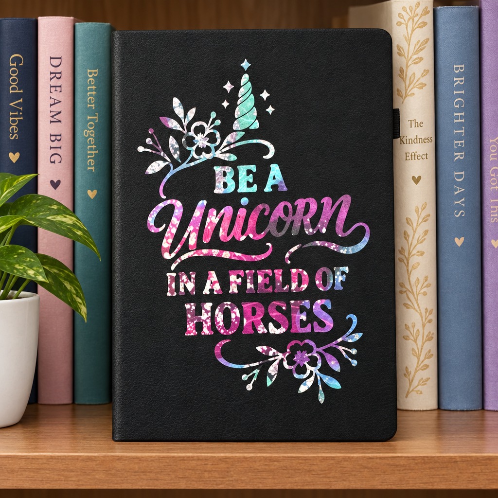Unicorn journal on a bookshelf