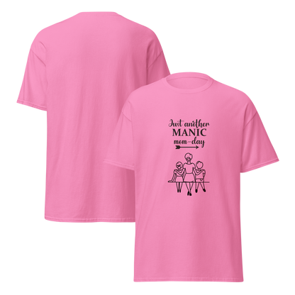Pink unisex cotton tee featuring 'Just another manic mom-day' graphic for trendy, breathable streetwear.