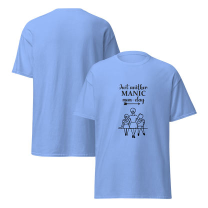 Light blue unisex cotton tee with 'Just another MANIC mom-day' graphic, perfect for stylish streetwear.