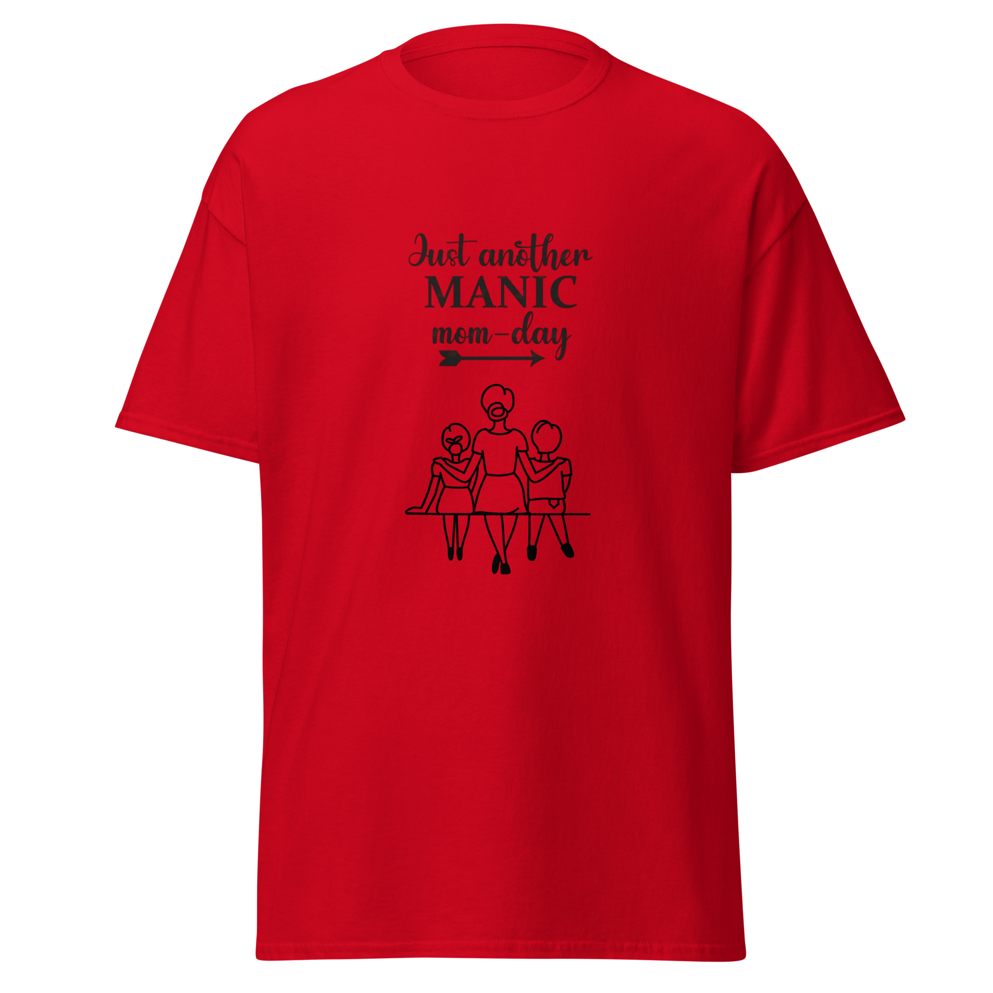 Red unisex classic tee with 'Just another MANIC mom-day' design, made of breathable cotton poly blend.